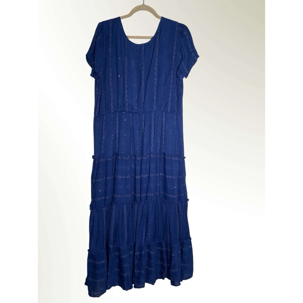 NWT Soft Surroundings Kara Shimmer Tiered Maxi Dress Large Blue Women Woven Boho - Picture 8 of 13